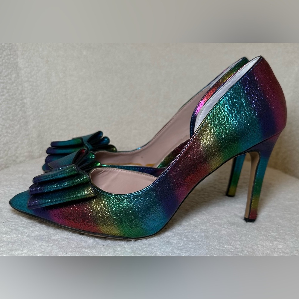 Betsy Johnson rainbow metallic peep toe bow high heels‎ colorful pride pumps 5.5